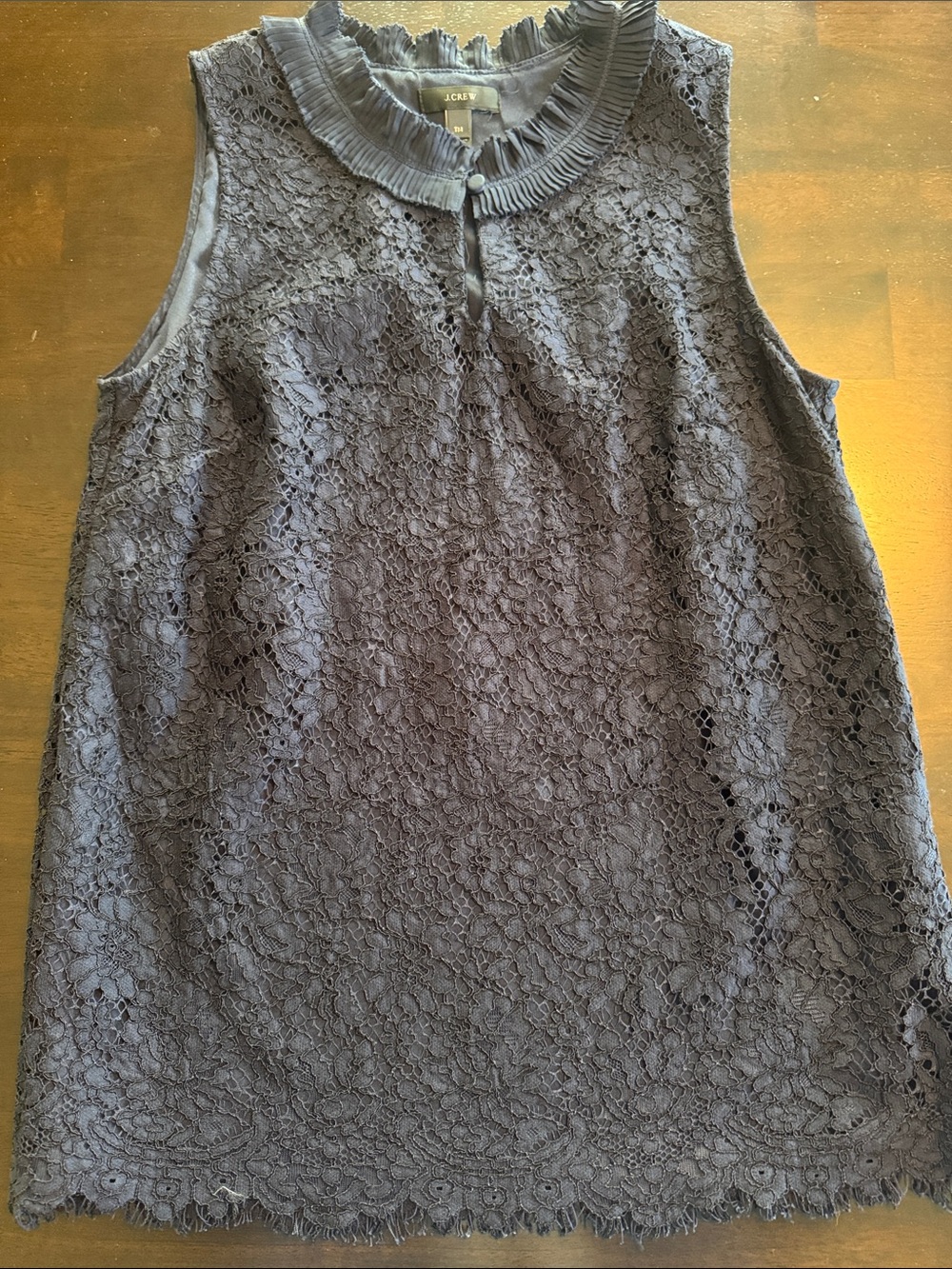 J. Crew Lace Sleeveless Ruffle Neck Shell in Navy Blue